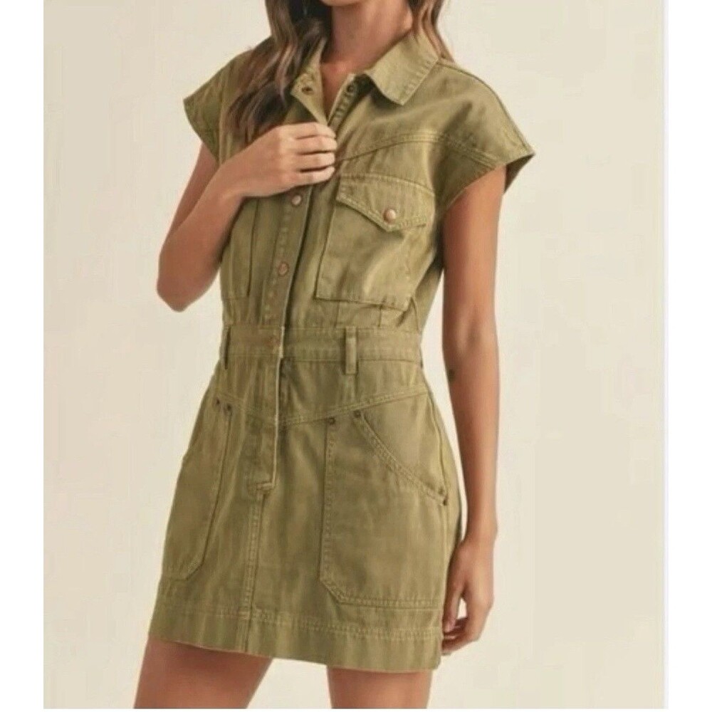 MIOU MUSE Eleanor Short Cargo Dress Olive Green Denim Utility Safari Large L